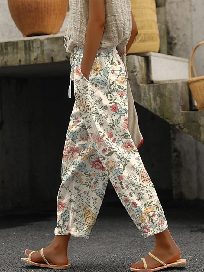 Women's Retro Floral Lace-Up Loose Casual Pants (With Pockets)