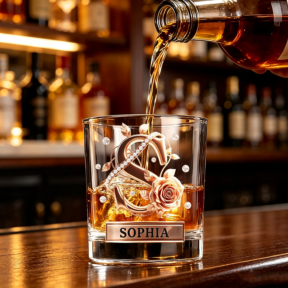 Personalized Whiskey Glass with Initials & Roses, Custom 10oz Old Fashioned Rocks Glass, Anniversary Gift for Couples