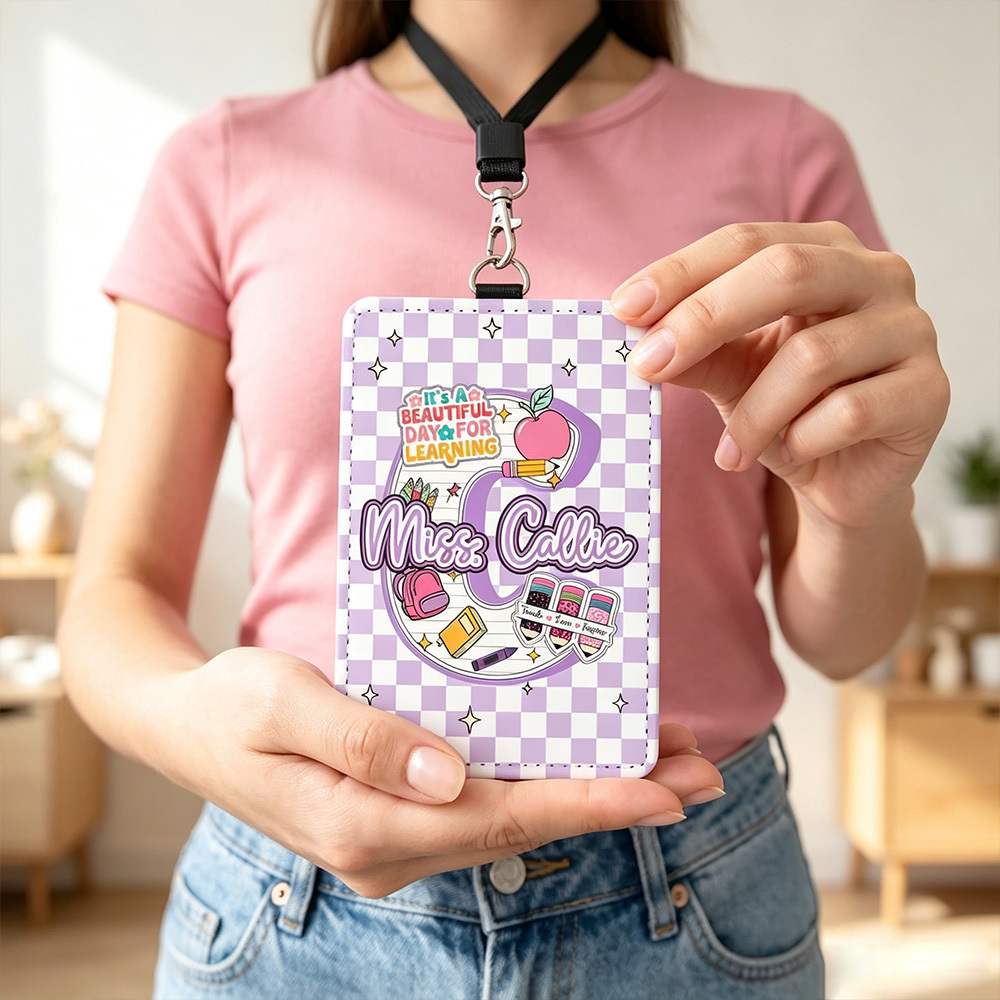 Personalized Apple Teacher ID Badge Holder with Initial & Name, Cute PU Leather Badge Reel Holder for Teachers, School Staff Appreciation Gift