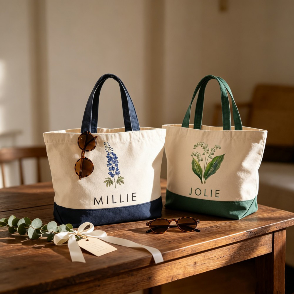 Personalized Birth Flower Canvas Tote Bag with Custom Name, Floral Shopper Bag, Birthday Gift for Her, Mom, Best Friend, Bridesmaid & Wedding Favor
