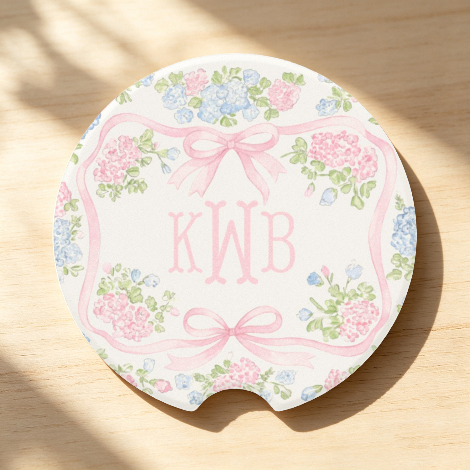 Personalized Floral Car Coaster, Custom Monogram Pink Blue Coquette Car Cup Holder Decor, Grandmillennial Car Accessory, Cute Gift for Her