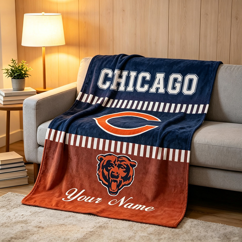Custom Chicago Football Blanket with Name, Personalized Soft Throw, Football Fan Gift, Birthday Gift for Him or Her