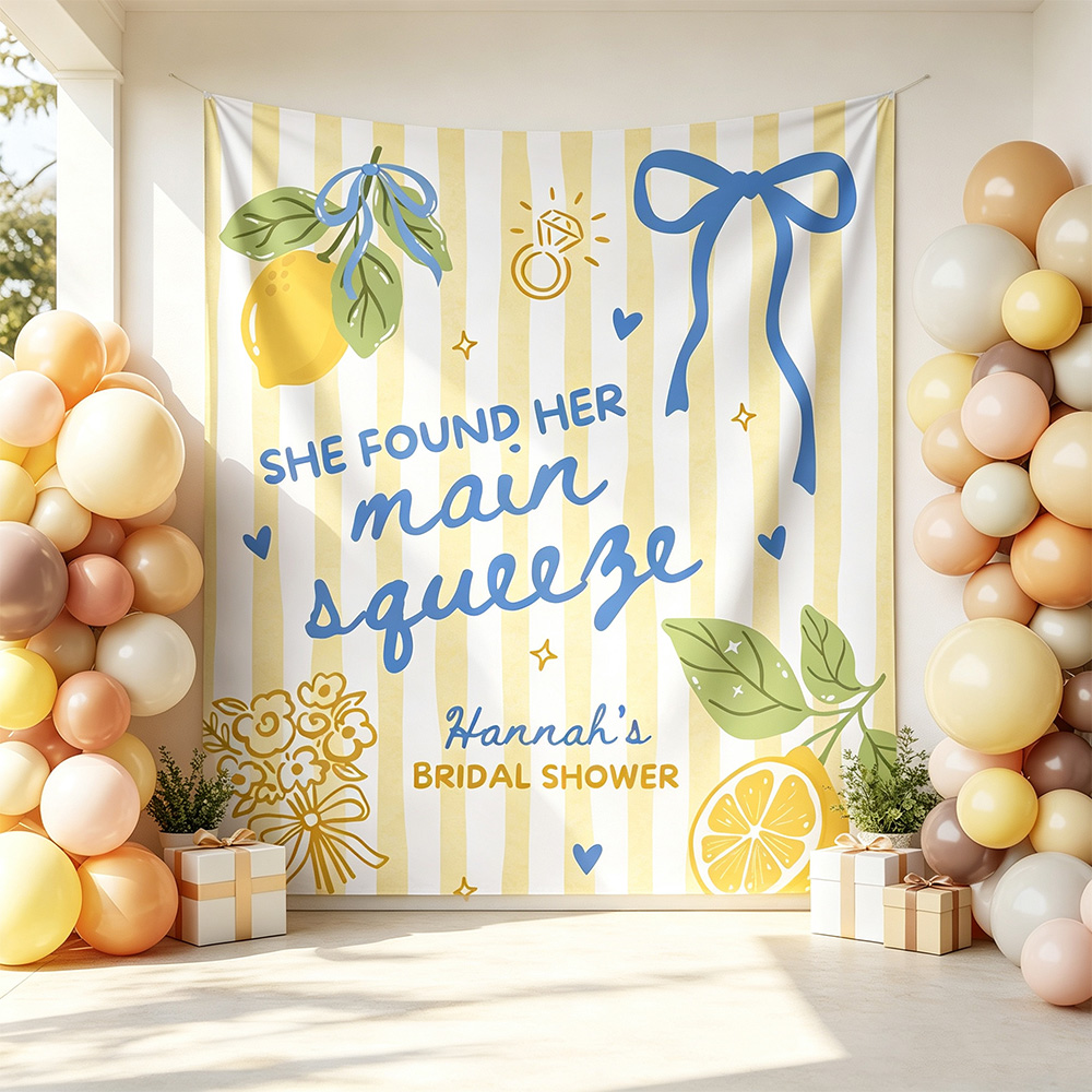 Personalized "She Found Her Main Squeeze" Bridal Shower Backdrop – Custom Lemon Theme Party Banner, Yellow & Blue Striped Photo Booth Prop for Engagement Party