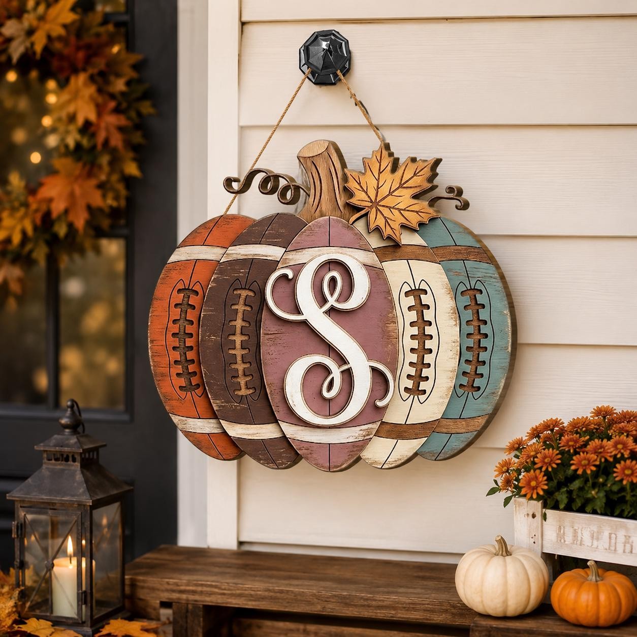 Personalized Football Pumpkin Door Hanger, Rustic Fall Wooden Monogram Sign, Farmhouse Autumn Porch Decor