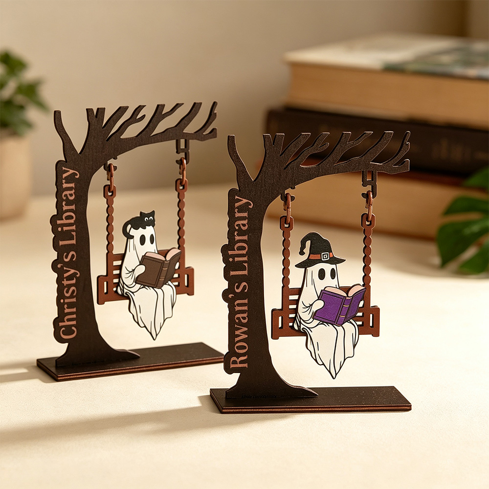 Personalized Ghost on Swing Bookend – Custom Name Tree, Halloween & Bookshelf Decor for Readers, Cozy Home Accent