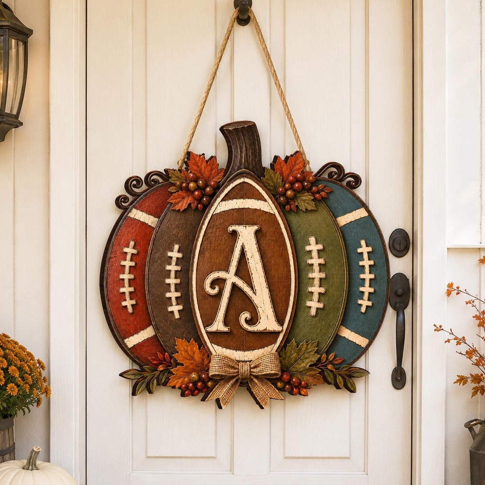 Personalized Football Pumpkin Door Hanger, Rustic Fall Wooden Monogram Sign, Farmhouse Autumn Porch Decor