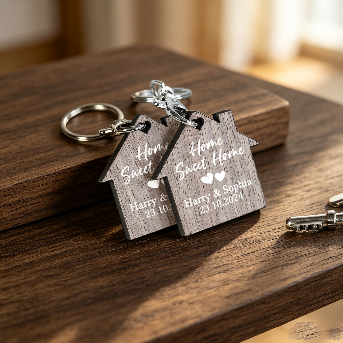 Personalized First Home Keychain Set – Custom Wooden House Keychains for Couples, New Home Gift