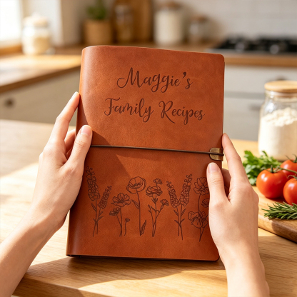Personalized Family Recipe Book with Custom Name, Floral Leather Binder Journal with Refillable Pages, Gift for Mom