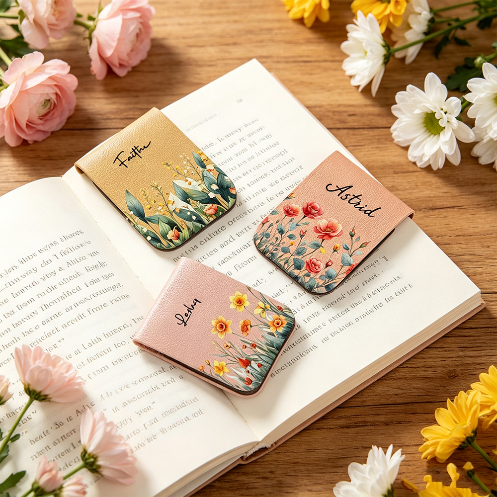 Personalized Birth Flower Magnetic Bookmark Clip with Custom Name, Watercolor Floral PU Leather Page Marker, Cute Reading Accessory, Teacher Appreciation, Birthday & Book Lover Gift