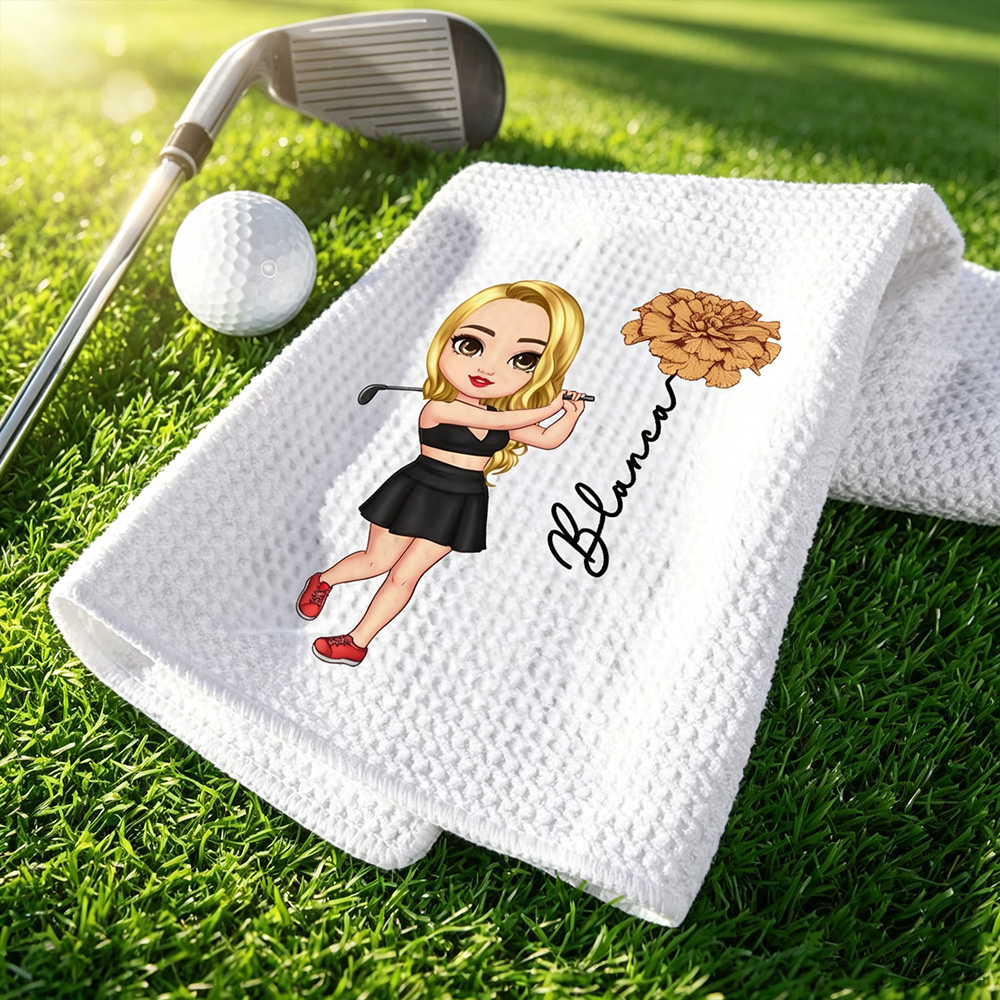Personalized Birth Flower Golf Towel with Name, Custom Cartoon Character Waffle Golf Towel with Hanging Clip, Golf Gift for Golf Lovers