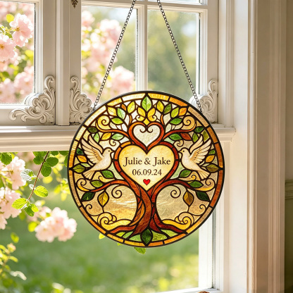 Personalized Tree of Life Stained Glass Suncatcher – Custom Wedding Keepsake Gift for Couples, Anniversary & New Home Decor