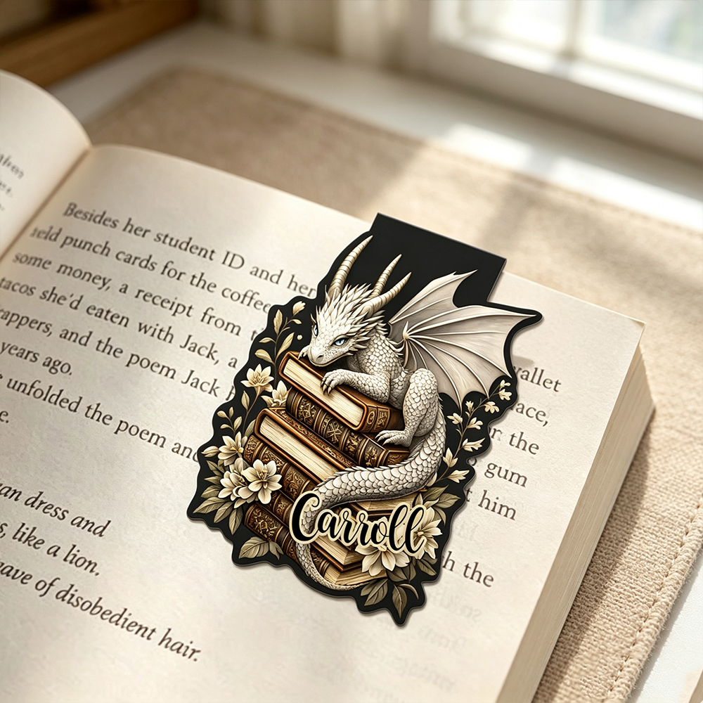 Personalized Dragon Magnetic Bookmark with Custom Name, Vintage Book & Floral Design, Reading Accessory Gift for Book Lovers