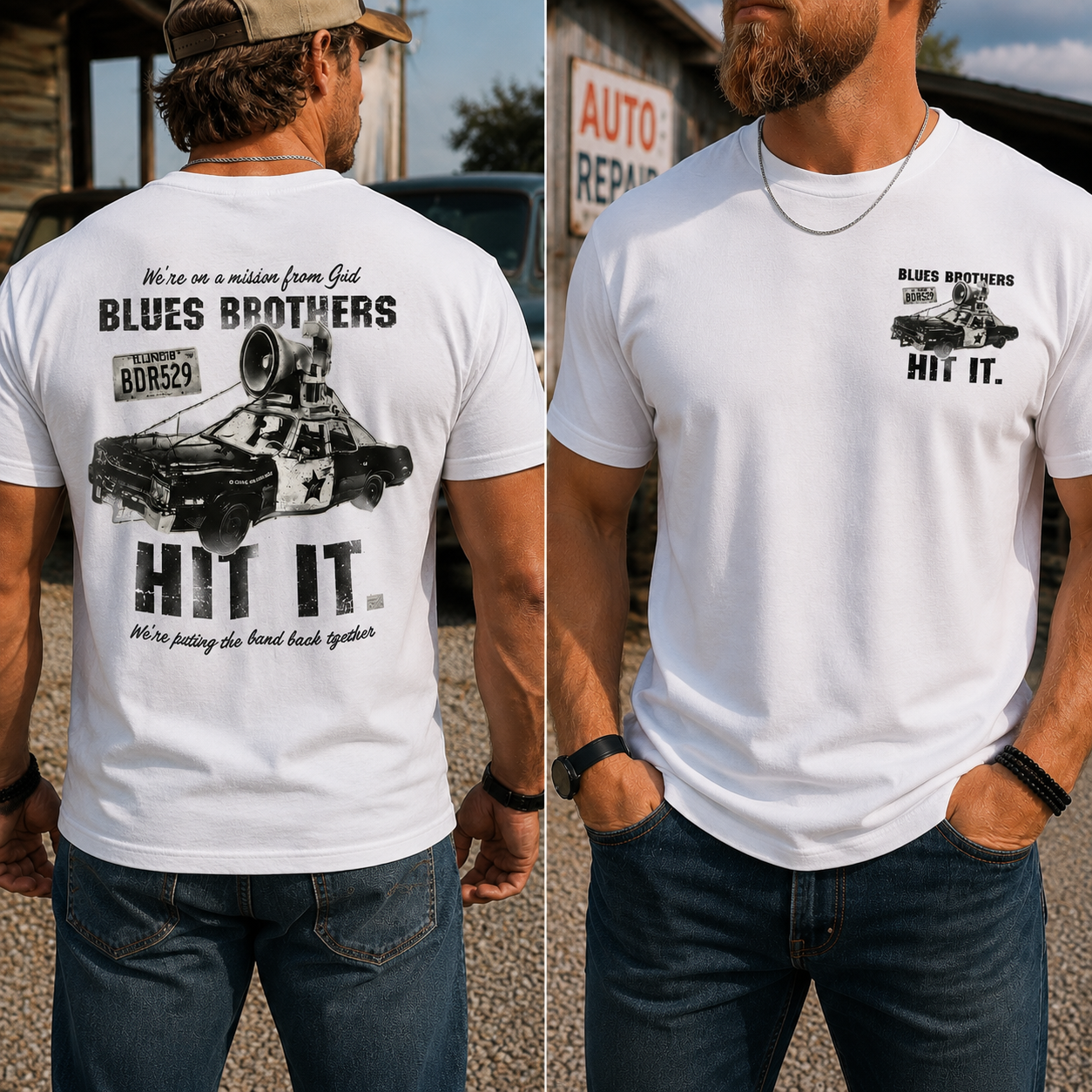 Blues Brothers "Hit It" Vintage Graphic Tee – Mission From God Retro Car & Loudspeaker Design T-Shirt