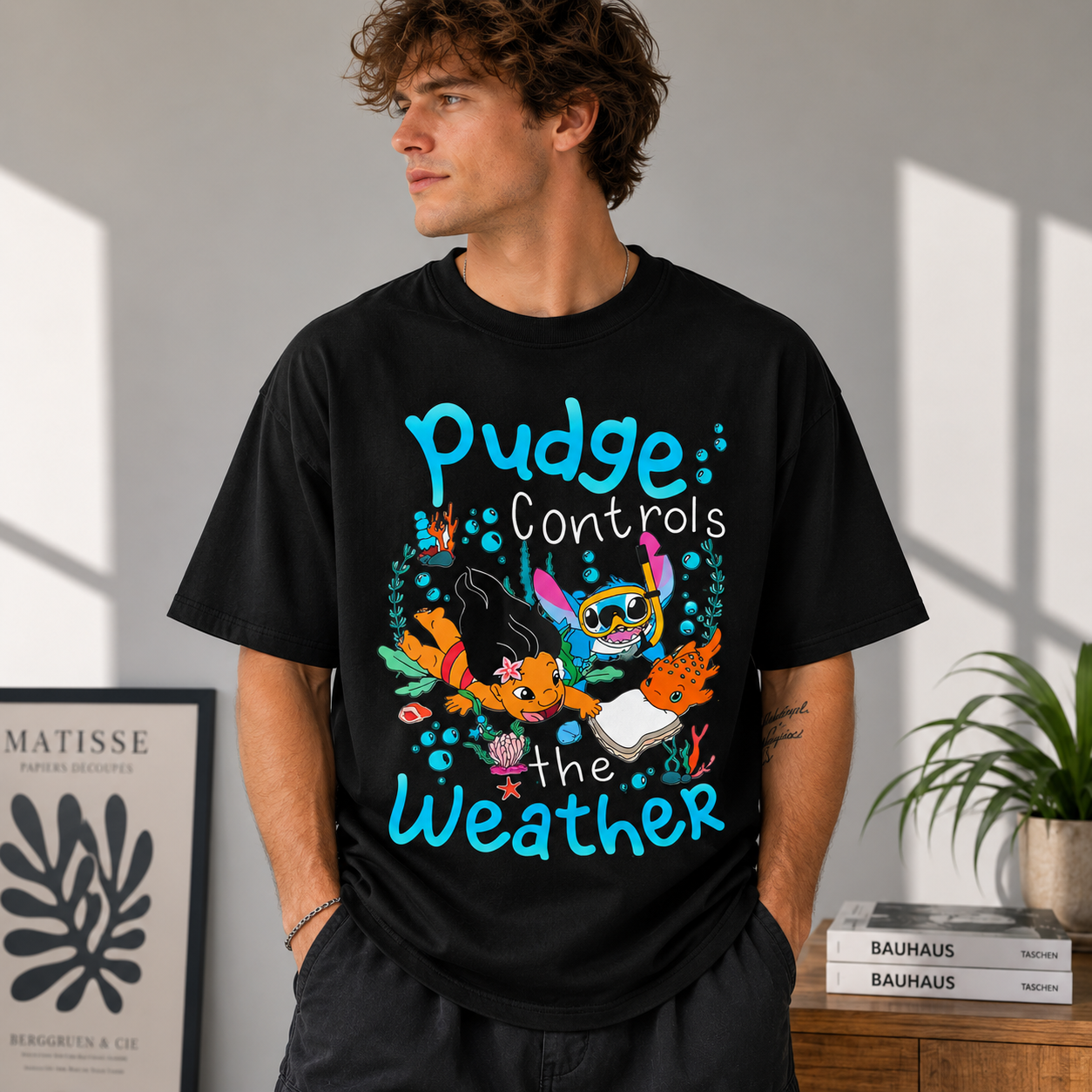 Vintage Underwater Cartoon Graphic T-Shirt – Washed Cream Oversized Streetwear Tee with Weather Illustration Print