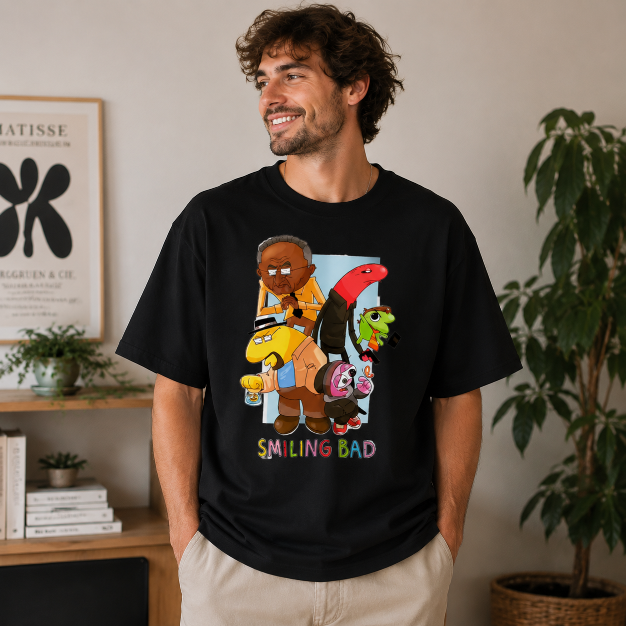 Whimsical Cartoon Character Collage Graphic T-Shirt with Bold Streetwear Illustration and “Smiling Bad” Statement Print Casual Unisex Street Fashion Tee