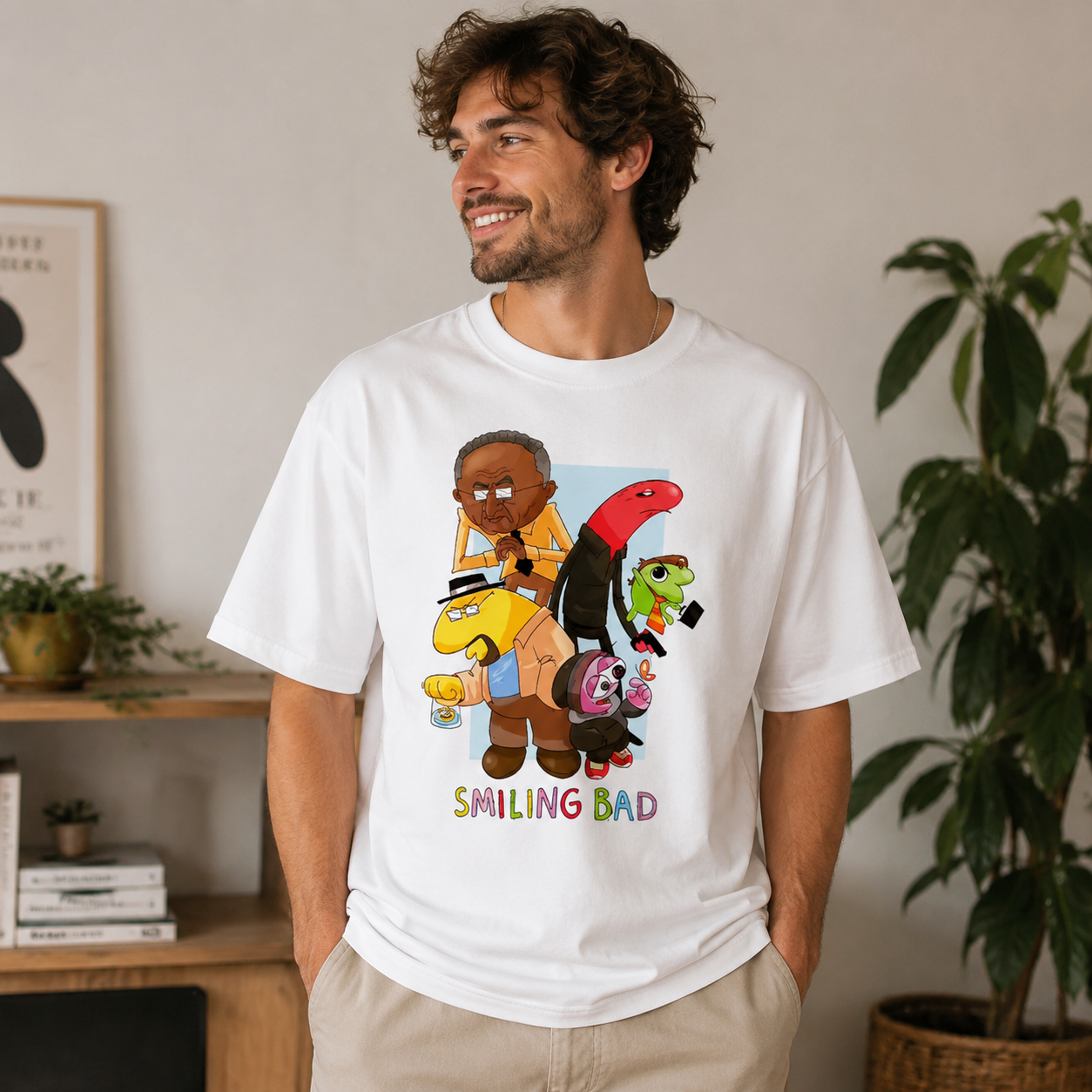 Whimsical Cartoon Character Collage Graphic T-Shirt with Bold Streetwear Illustration and “Smiling Bad” Statement Print Casual Unisex Street Fashion Tee