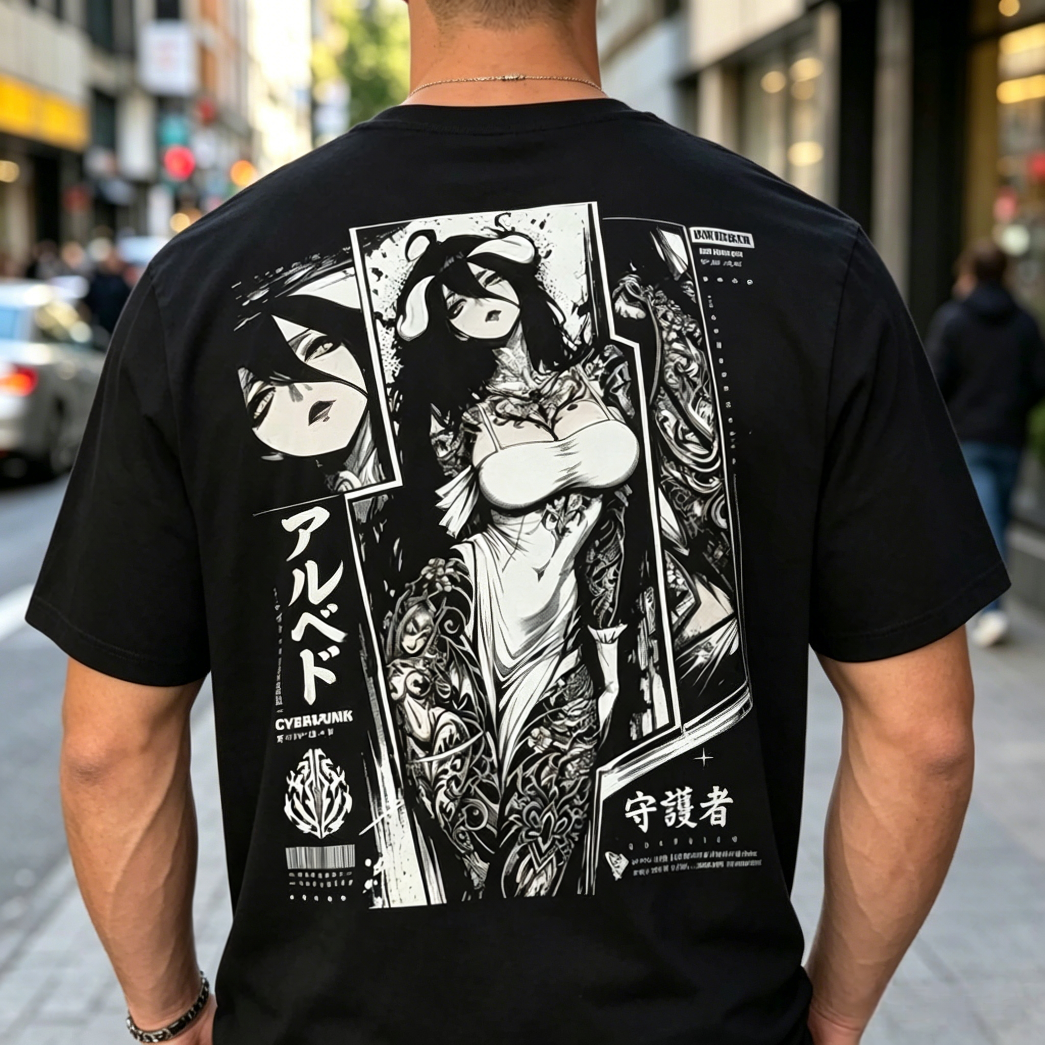 Dual-Sided Streetwear Graphic T-Shirt – Gothic Typography Front & Character Illustration Back Tee