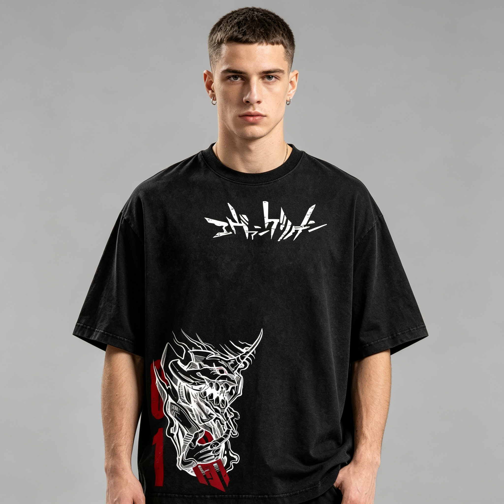 Mecha Warrior Dual-Sided Graphic Oversized Streetwear T-Shirt with Minimal Front Print