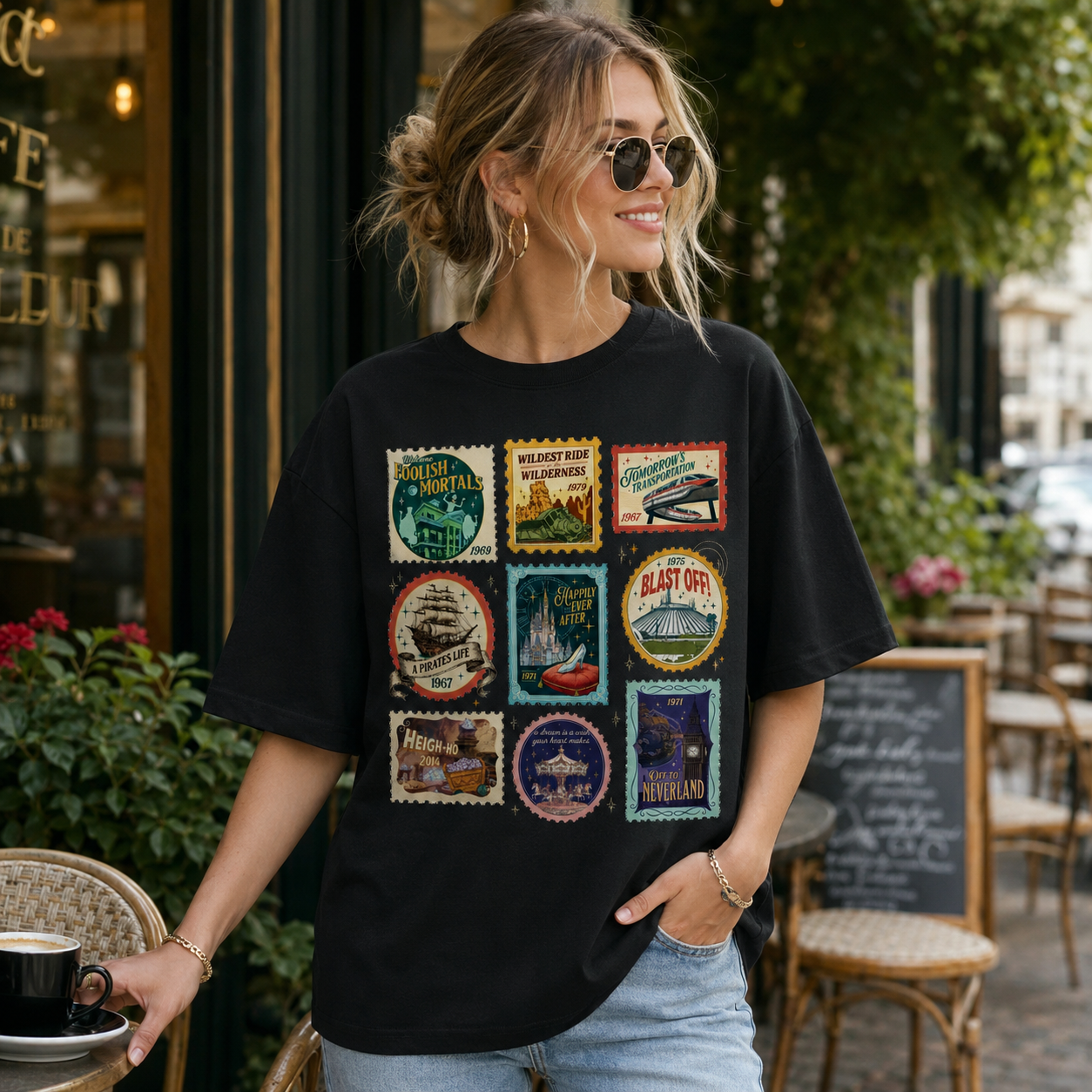 Vintage Adventure Stamp Collage Graphic Tee for Nostalgic Travel and Storybook Fans