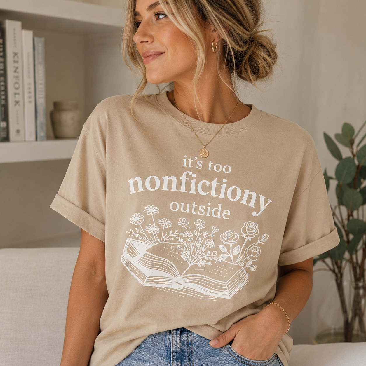 Nonfiction Lover Floral Book Graphic T-Shirt – “It’s Too Nonfictiony Outside” Bookworm Casual Tee