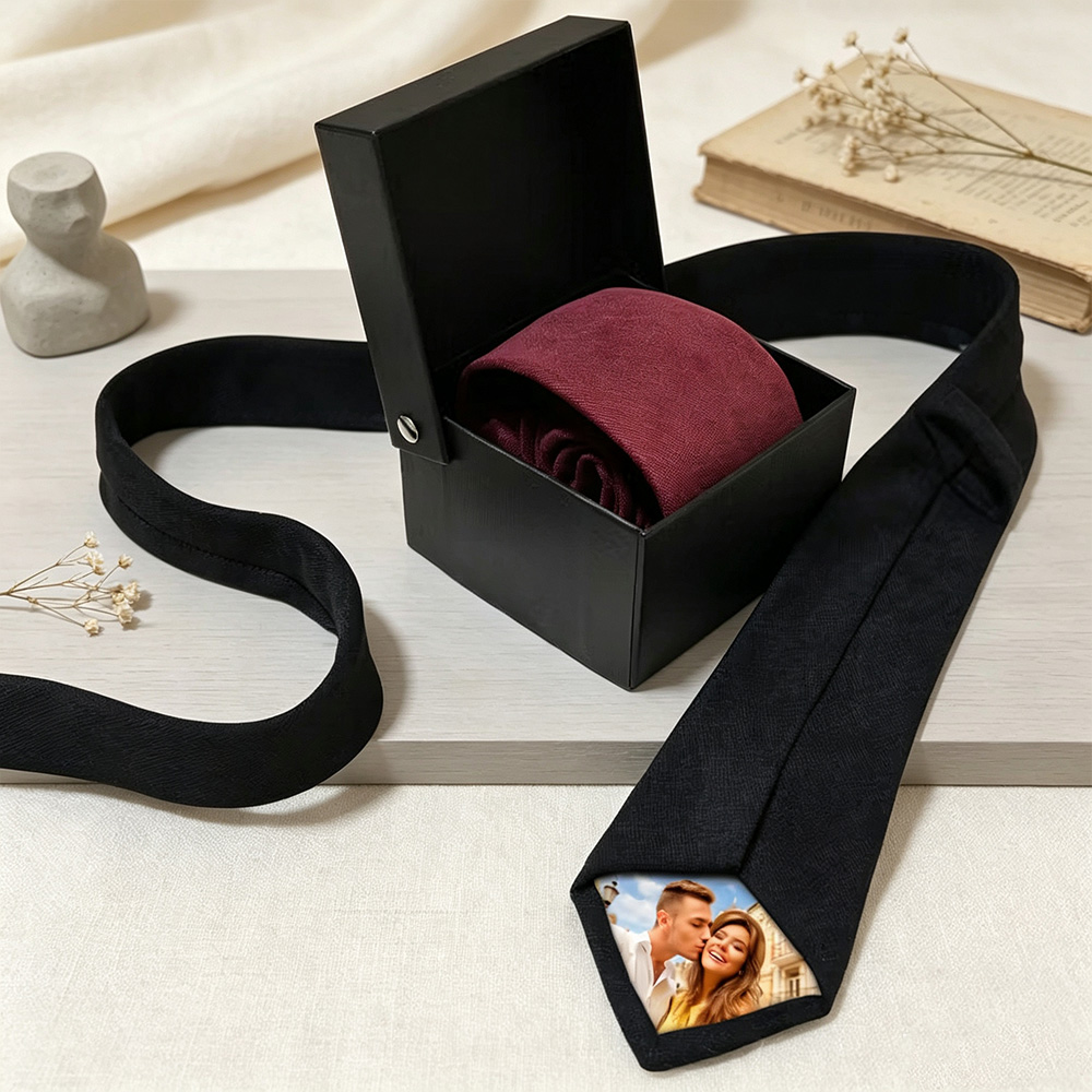 Personalized Photo Tie with Custom Name, Hidden Photo Patch Necktie in Gift Box, Wedding Tie Gift for Husband Dad Boyfriend Groomsmen