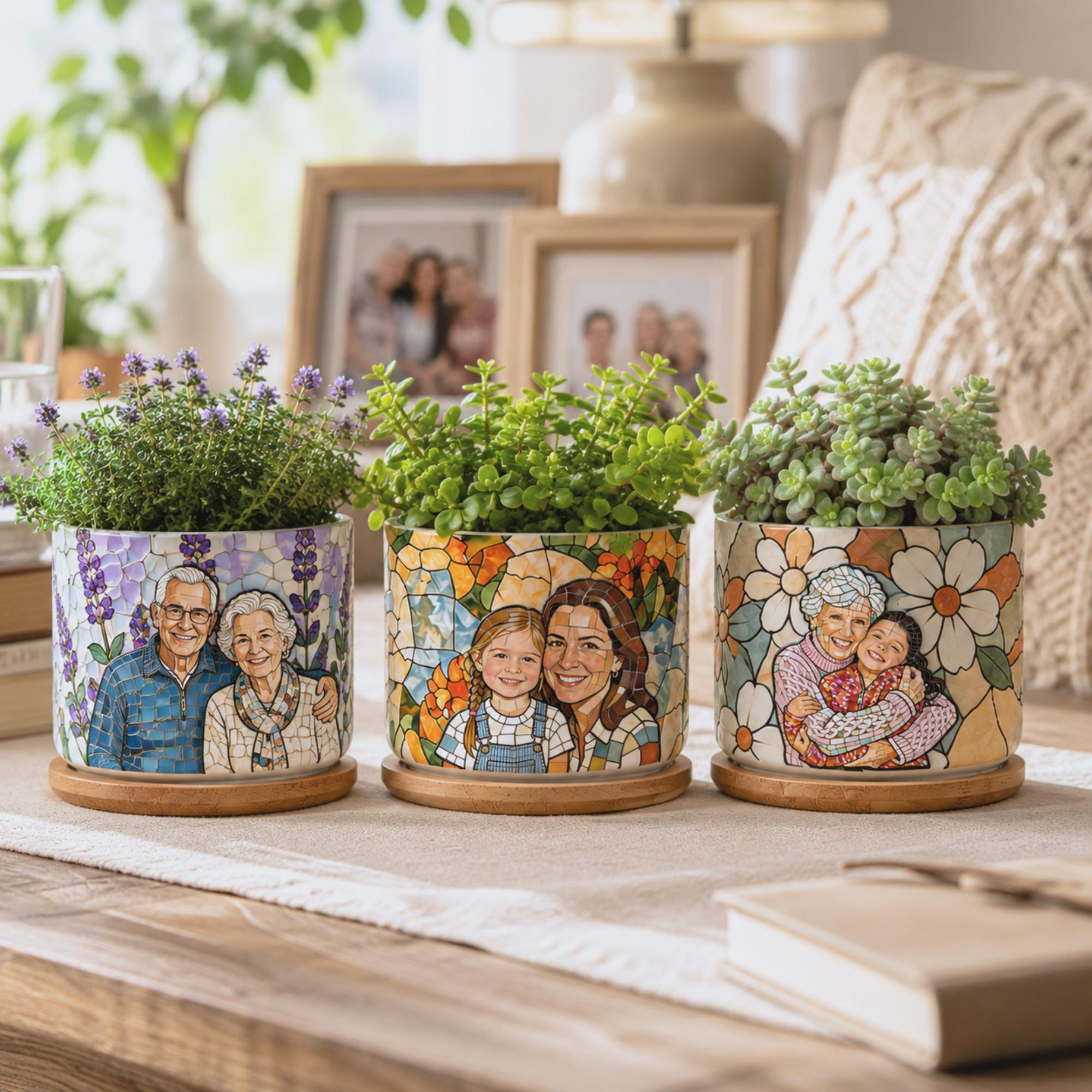 Personalized Family Photo Planter Custom Ceramic Succulent Pot for Mom or Grandma Family Photo Gift for Christmas