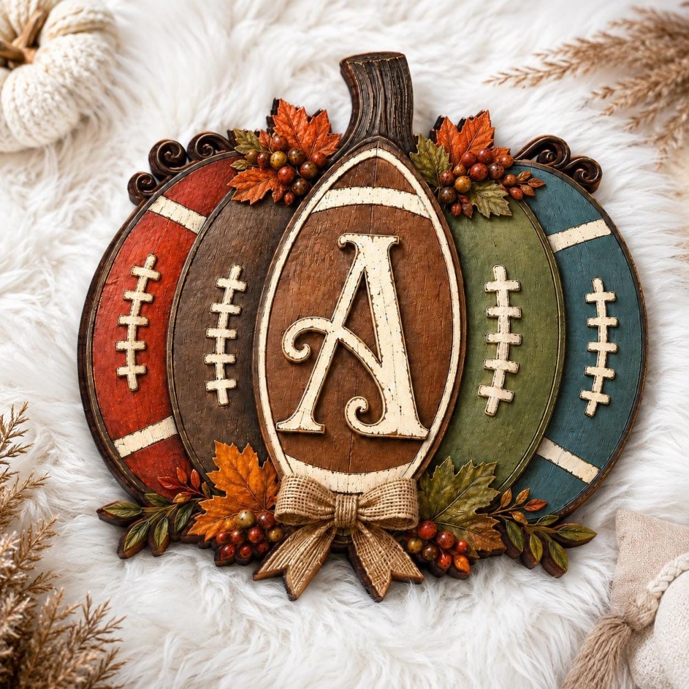 Personalized Football Pumpkin Door Hanger, Rustic Fall Wooden Monogram Sign, Farmhouse Autumn Porch Decor