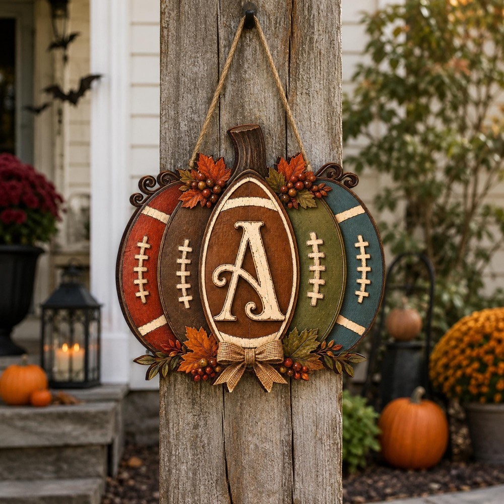 Personalized Football Pumpkin Door Hanger, Rustic Fall Wooden Monogram Sign, Farmhouse Autumn Porch Decor