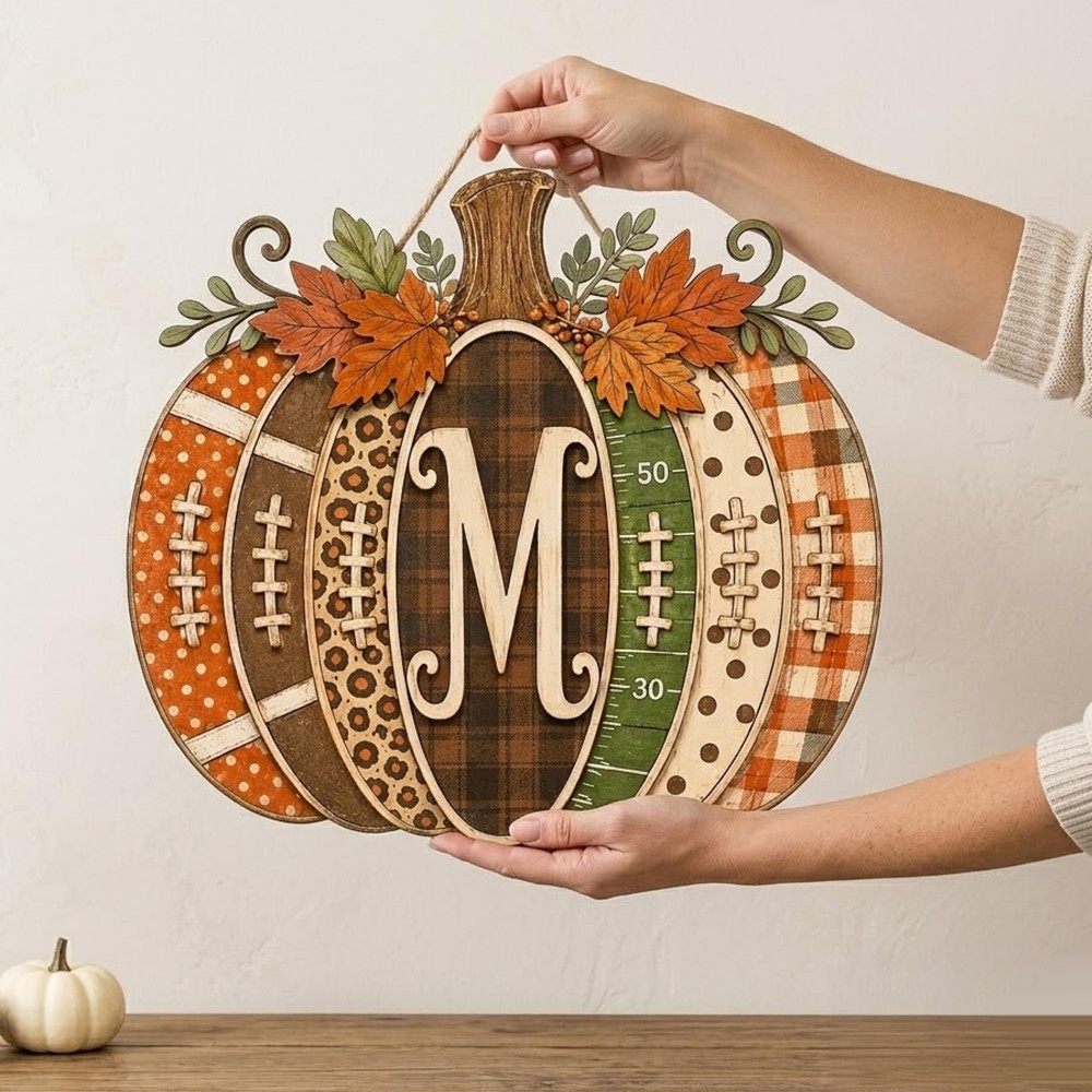 Personalized Football Pumpkin Door Hanger, Rustic Fall Wooden Monogram Sign, Farmhouse Autumn Porch Decor