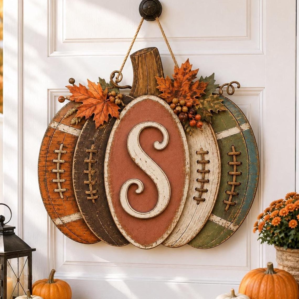 Personalized Football Pumpkin Door Hanger, Rustic Fall Wooden Monogram Sign, Farmhouse Autumn Porch Decor