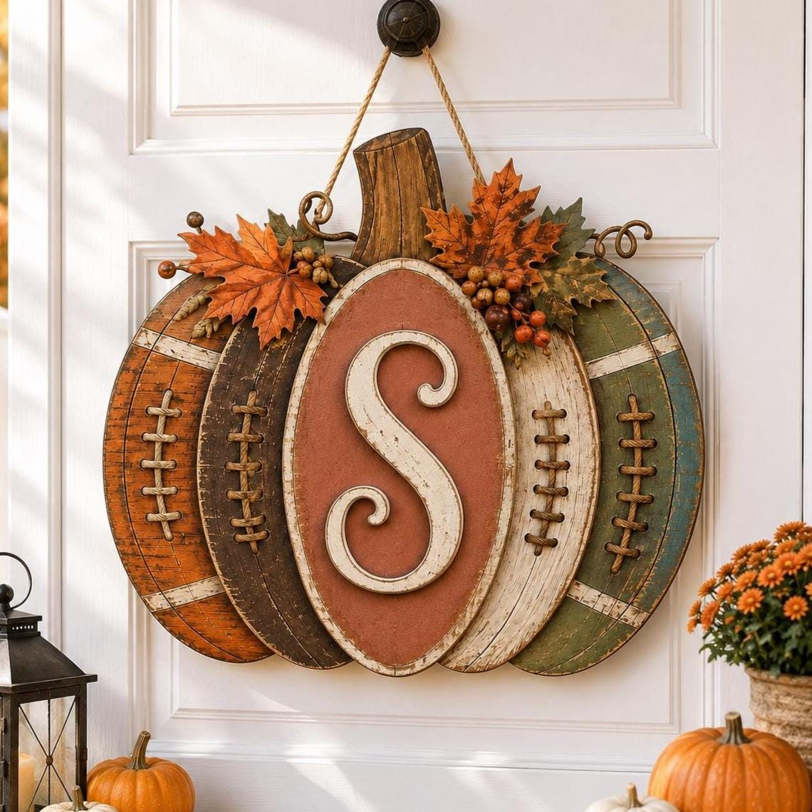 Personalized Football Pumpkin Door Hanger, Rustic Fall Wooden Monogram Sign, Farmhouse Autumn Porch Decor