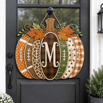 Personalized Football Pumpkin Door Hanger, Rustic Fall Wooden Monogram Sign, Farmhouse Autumn Porch Decor