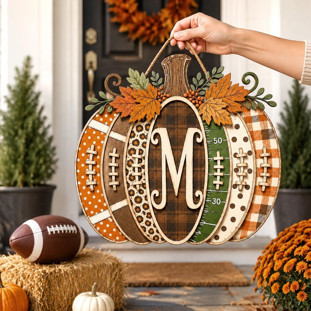 Personalized Football Pumpkin Door Hanger, Rustic Fall Wooden Monogram Sign, Farmhouse Autumn Porch Decor