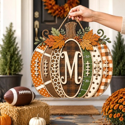 Personalized Football Pumpkin Door Hanger, Rustic Fall Wooden Monogram Sign, Farmhouse Autumn Porch Decor