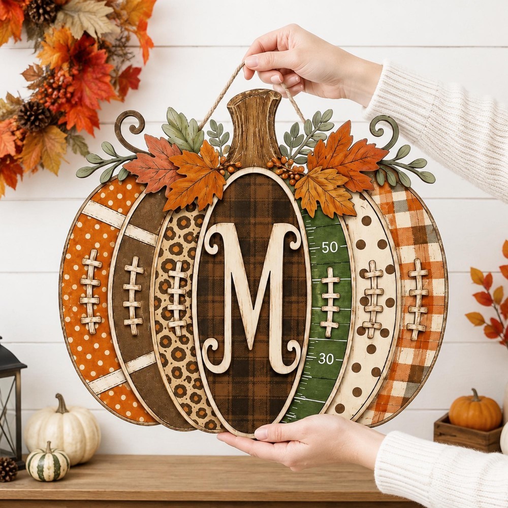 Personalized Football Pumpkin Door Hanger, Rustic Fall Wooden Monogram Sign, Farmhouse Autumn Porch Decor