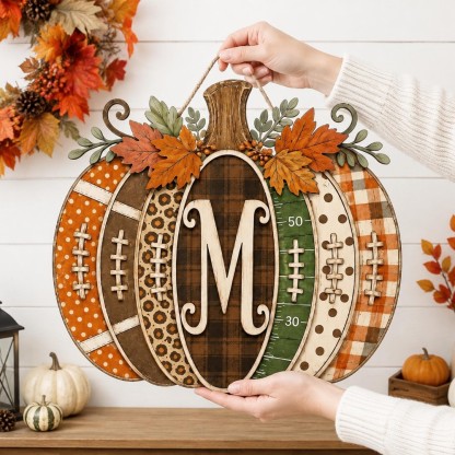 Personalized Football Pumpkin Door Hanger, Rustic Fall Wooden Monogram Sign, Farmhouse Autumn Porch Decor