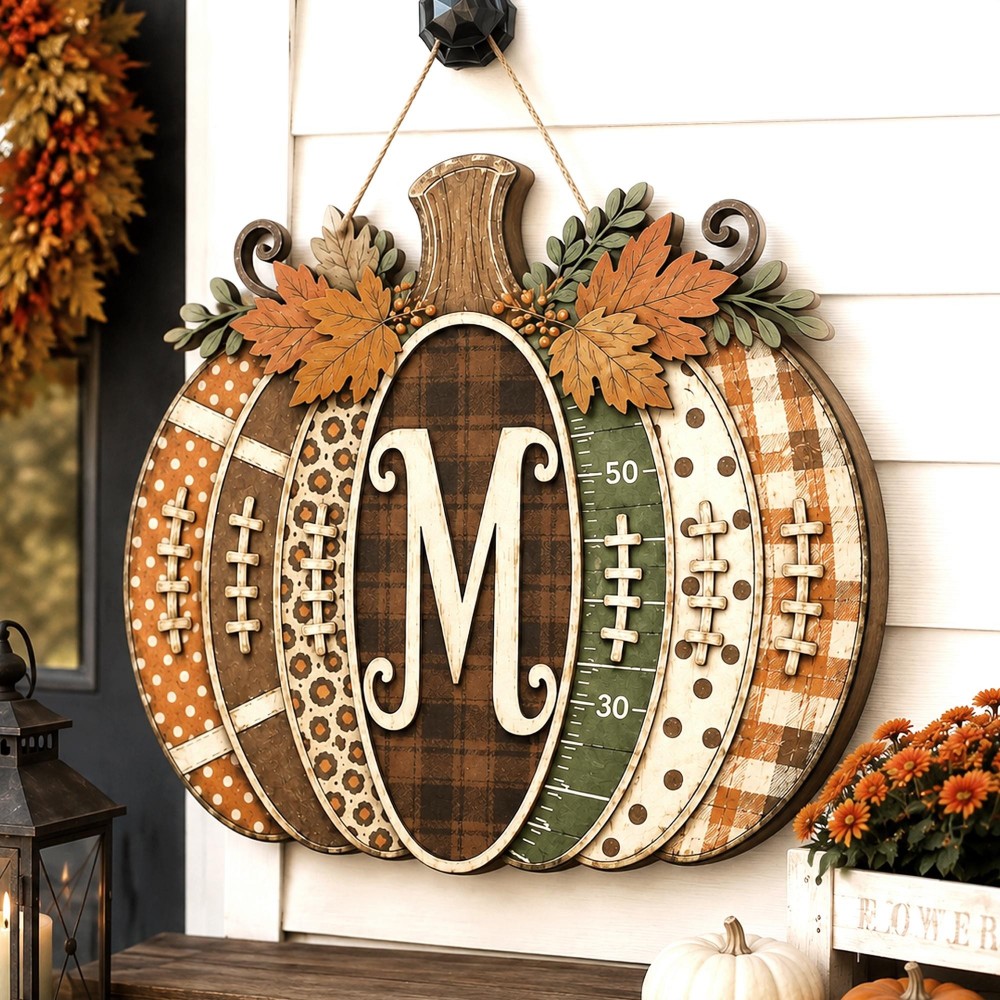 Personalized Football Pumpkin Door Hanger, Rustic Fall Wooden Monogram Sign, Farmhouse Autumn Porch Decor