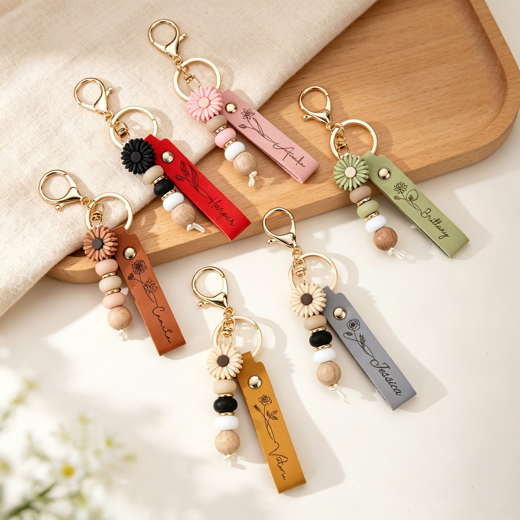 Personalized Birth Flower Keychain with Custom Name, PU Leather Wristlet with Daisy Beads, Bridesmaid and Birthday Gift