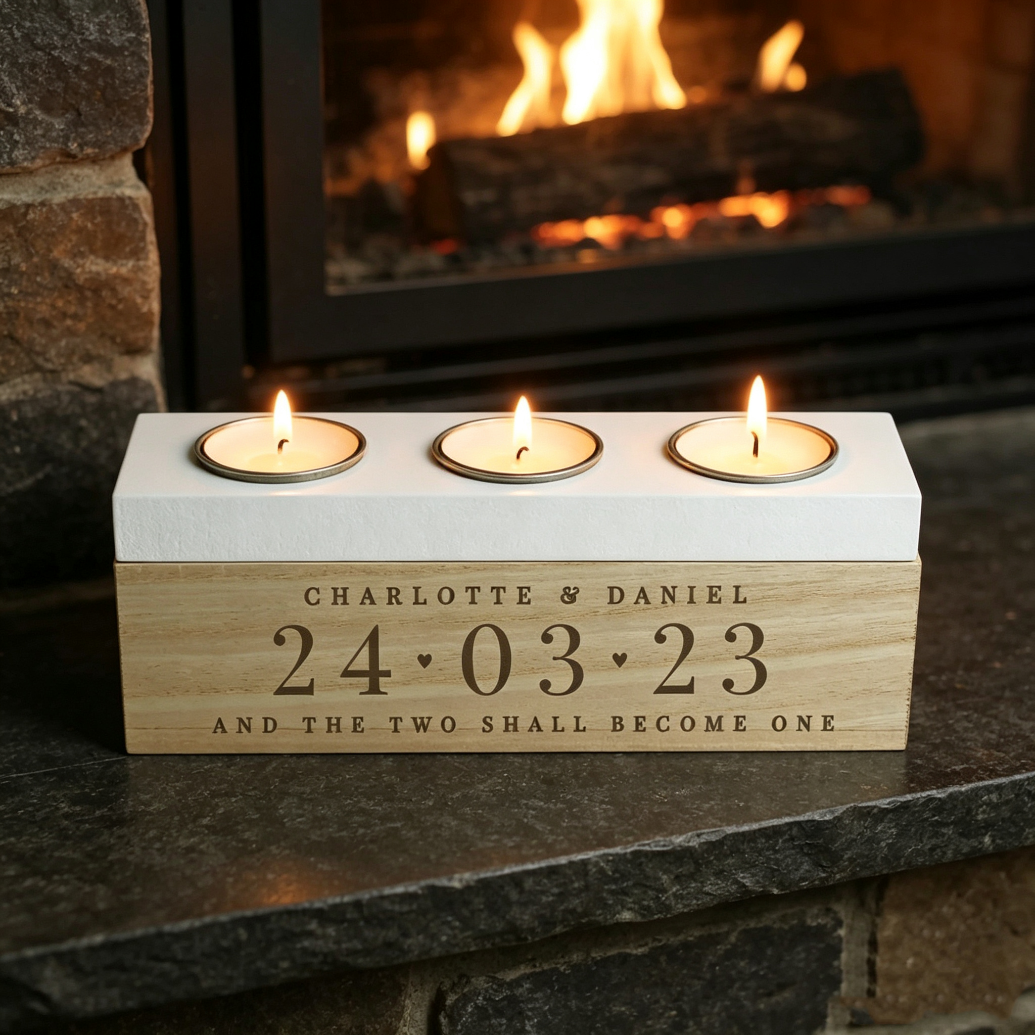 Personalized Wooden Tealight Holder, Custom Date Candle Box, Triple Candle Holder, Wedding Anniversary Gift for Couples, Romantic Keepsake