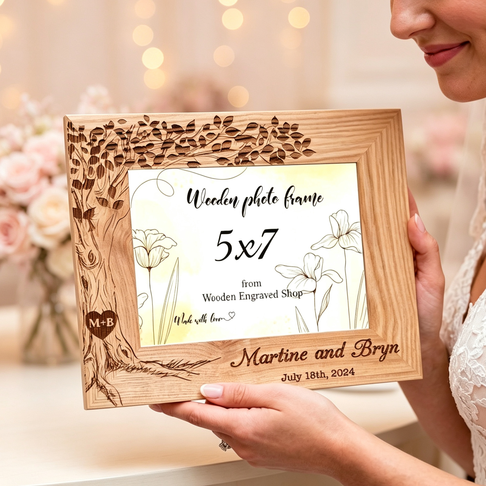 Personalized Wedding Photo Frame, Custom Engraved Oak Wood Frame with Names & Date, Rustic Wedding Gift for Couples, Anniversary Keepsake