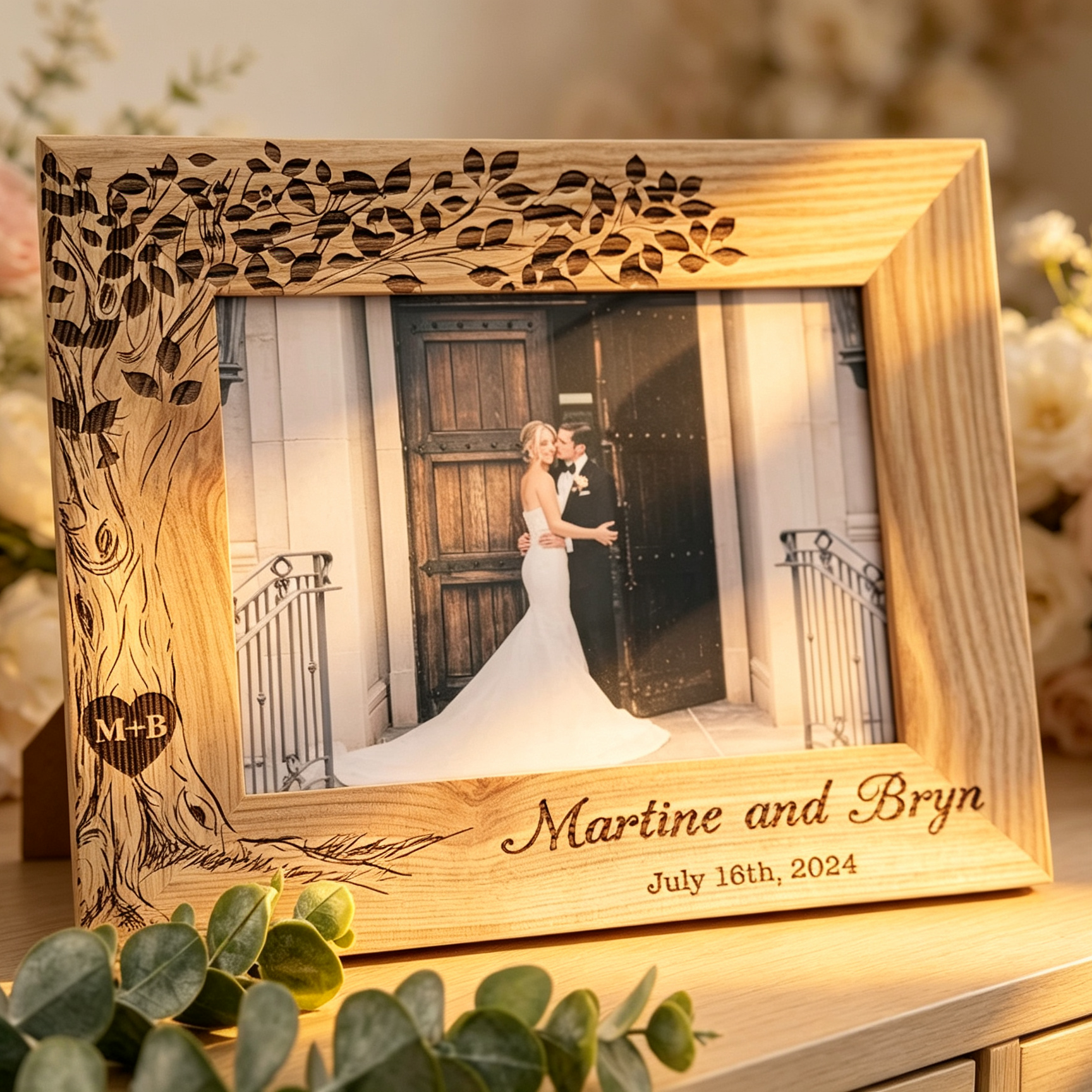 Personalized Wedding Photo Frame, Custom Engraved Oak Wood Frame with Names & Date, Rustic Wedding Gift for Couples, Anniversary Keepsake