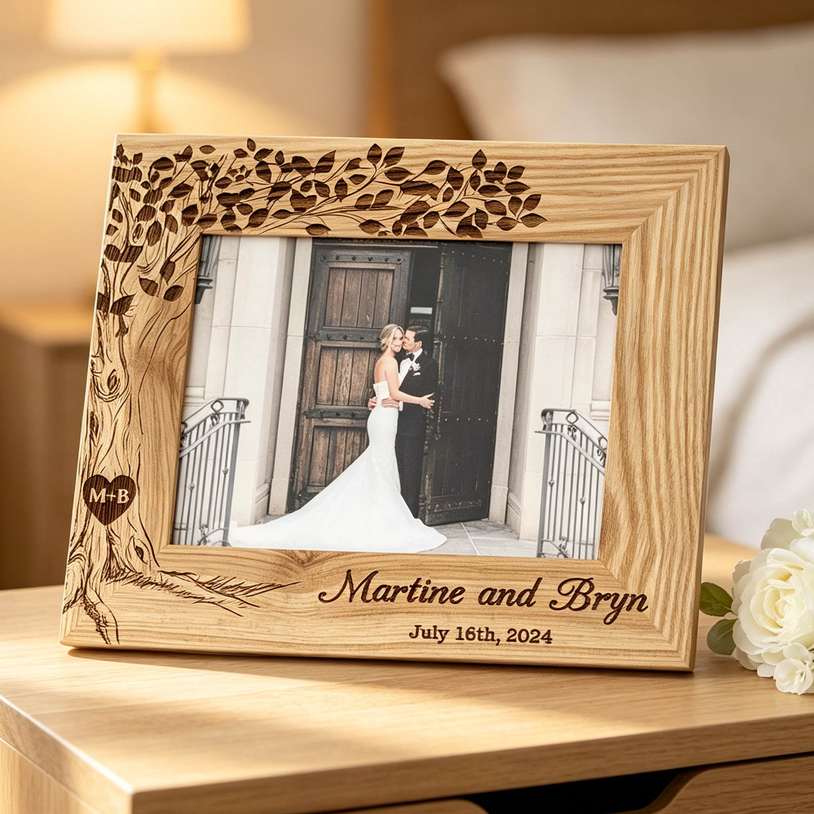 Personalized Wedding Photo Frame, Custom Engraved Oak Wood Frame with Names & Date, Rustic Wedding Gift for Couples, Anniversary Keepsake