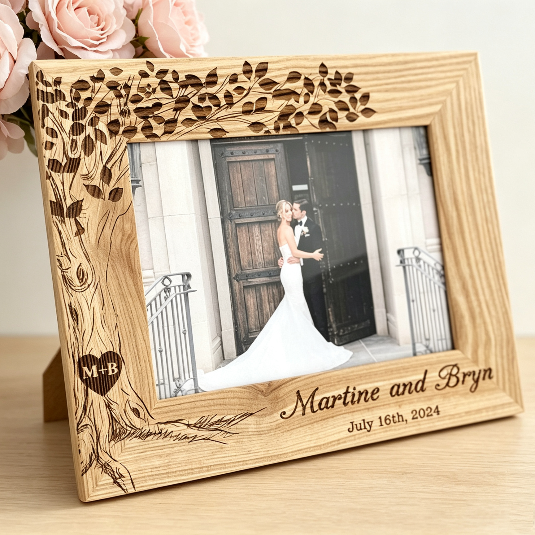 Personalized Wedding Photo Frame, Custom Engraved Oak Wood Frame with Names & Date, Rustic Wedding Gift for Couples, Anniversary Keepsake