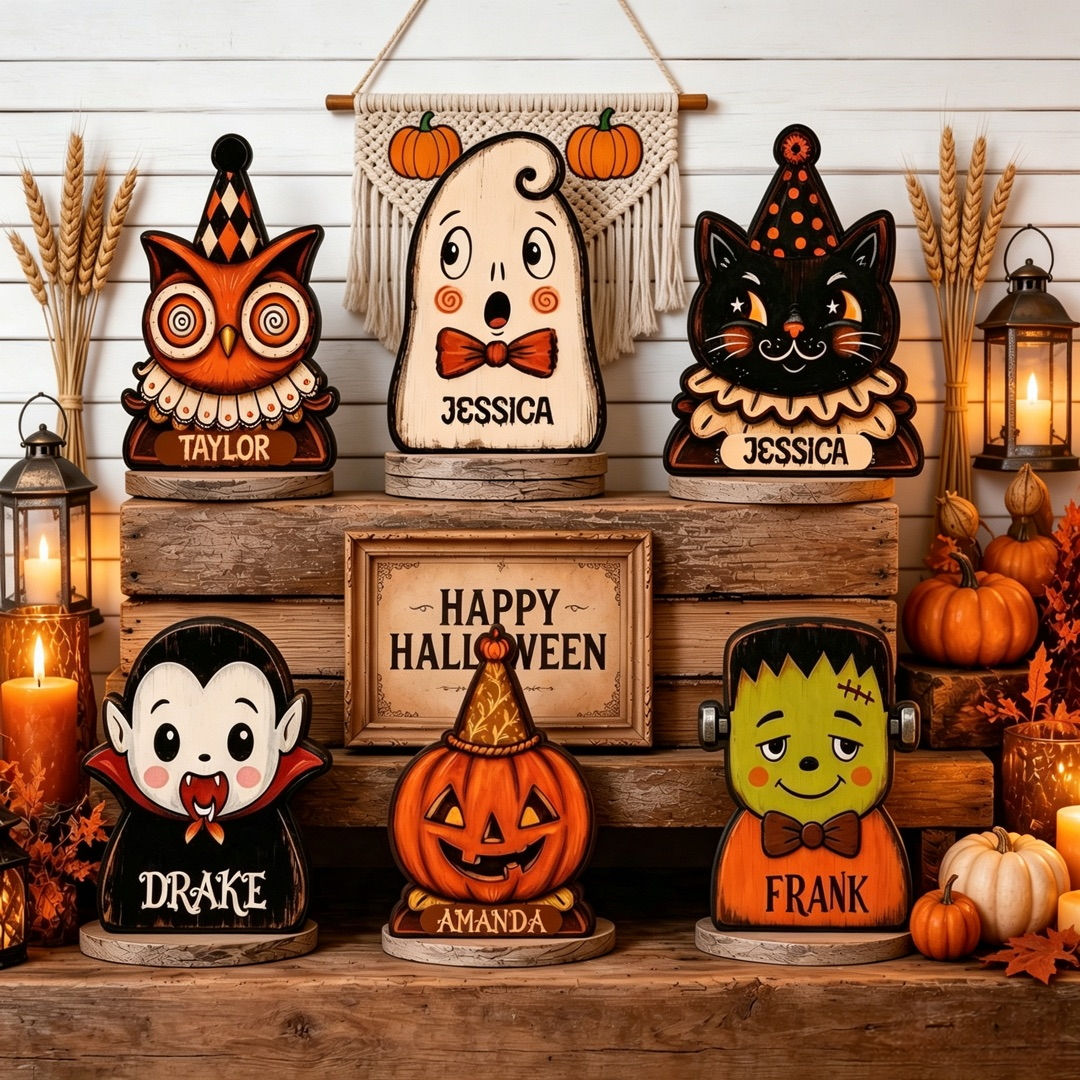 Personalized Halloween Wooden Block Sign, Custom Name Rustic Halloween Decor, Vintage Fall Shelf Decoration, Spooky Family Gift