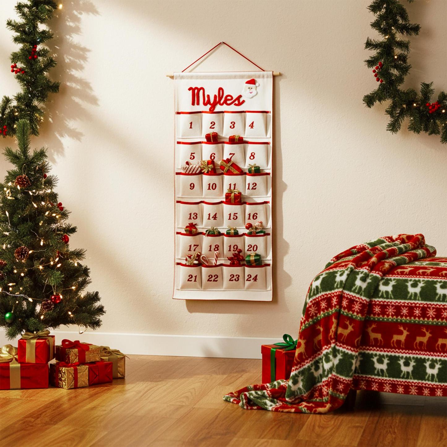Personalized Christmas Advent Calendar – Custom Name Embroidered Fabric Countdown with 24 Pockets, Red or Green Strap, Reusable Holiday Decor for Kids & Families