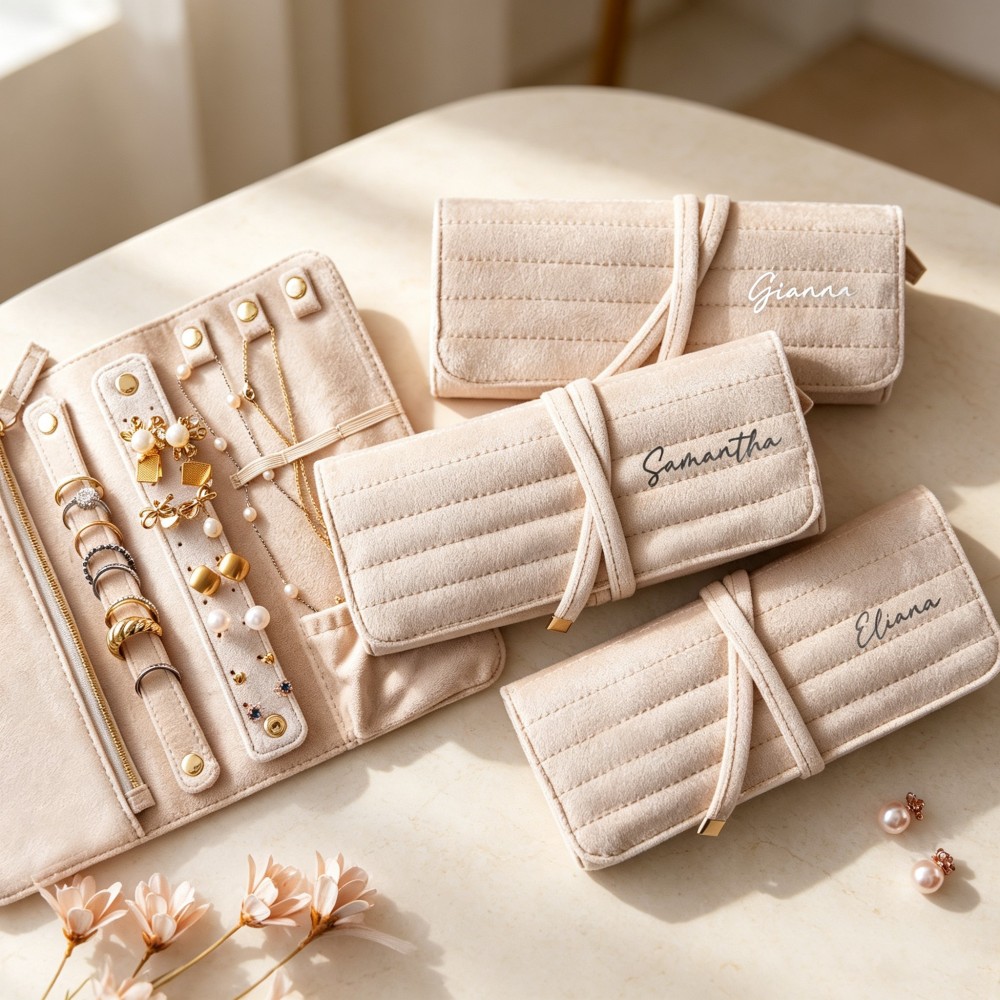 Personalized Velvet Jewelry Roll, Custom Name Travel Jewelry Organizer, Bridesmaid Gift for Her, Portable Necklace Ring Earring Storage Case