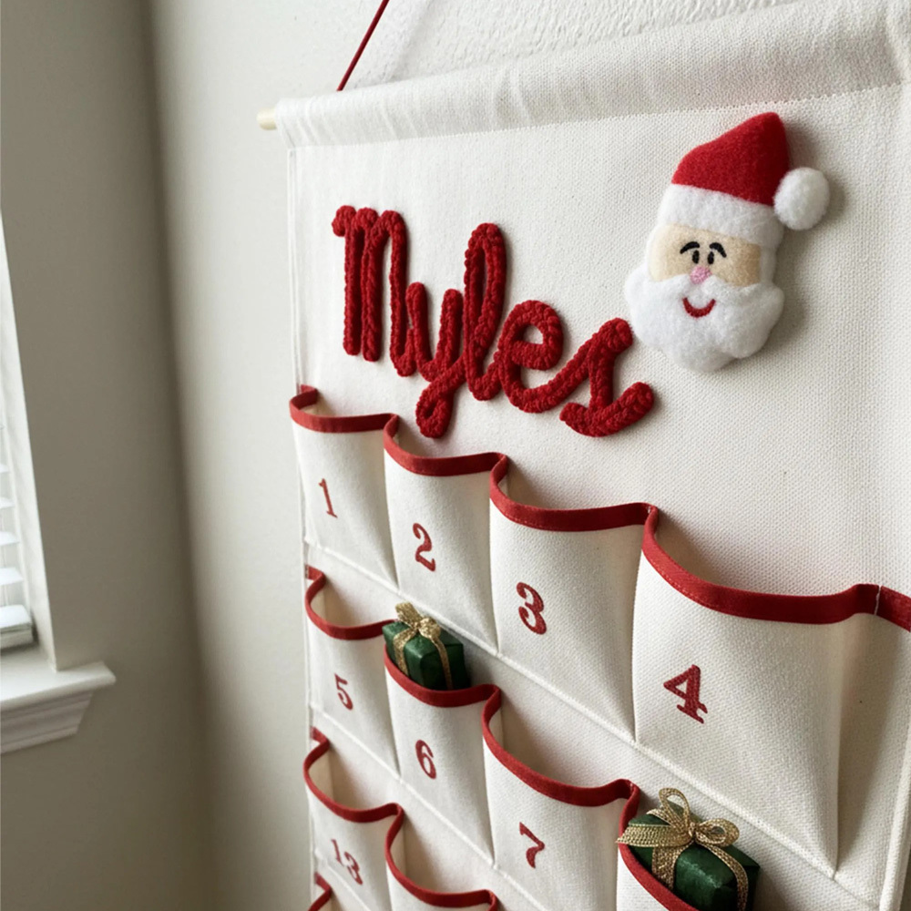 Personalized Christmas Advent Calendar – Custom Name Embroidered Fabric Countdown with 24 Pockets, Red or Green Strap, Reusable Holiday Decor for Kids & Families