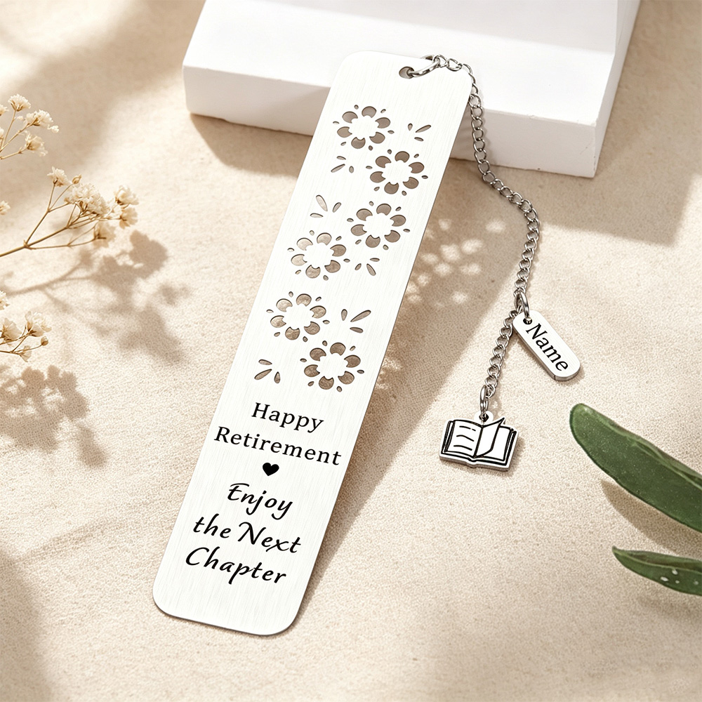 Personalized Retirement Bookmark – Engraved Stainless Steel with Floral Cutouts & “Happy Retirement, Enjoy the Next Chapter” Message – Ideal Gift for Teachers, Colleagues, Mentors & Loved Ones