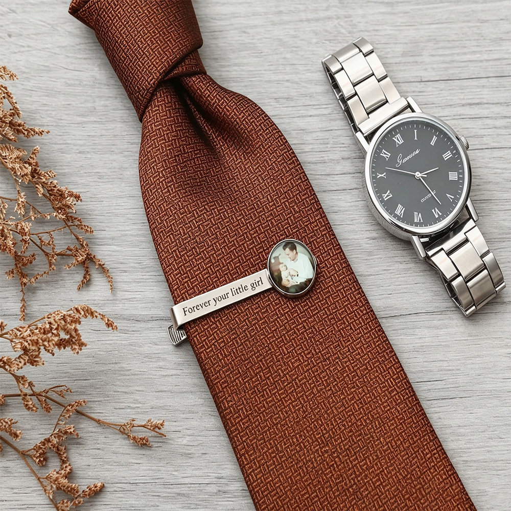 Personalized Photo Tie Clip for Dad - Custom Engraved "Father of the Bride" or "I Love You Dad" Necktie Bar - Stainless Steel Picture Tie Tack Gift for Wedding, Father's Day, Anniversary