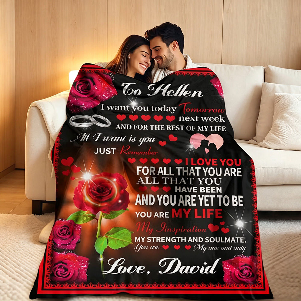Personalized Love Letter Fleece Blanket, Custom Roses Blanket with Names, Romantic Valentine's Day Gift for Couples
